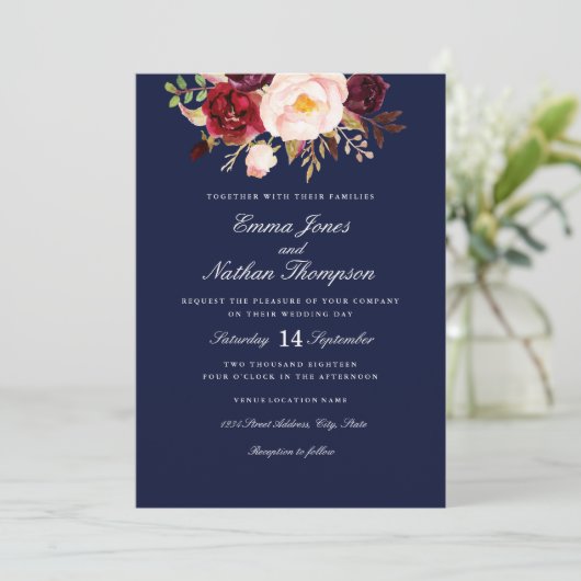Bourgogne Blush Navy Waterverf Bloemen Bruiloft Kaart (Staand voorkant)