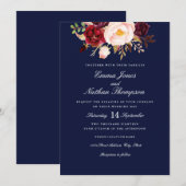 Bourgogne Blush Navy Waterverf Bloemen Bruiloft Kaart (Voorkant / Achterkant)