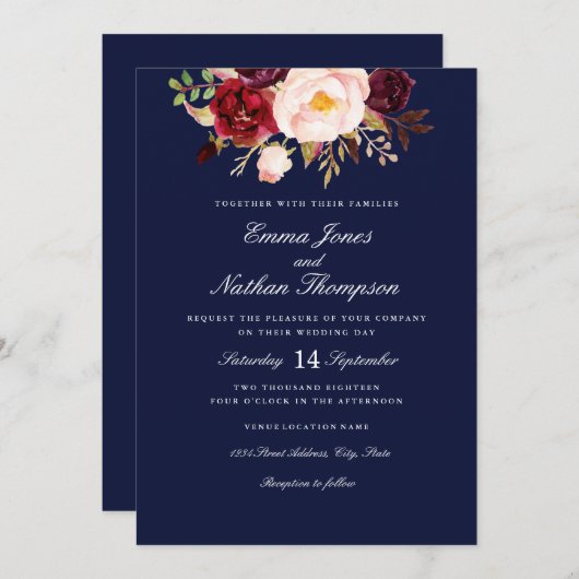 Bourgogne Blush Navy Waterverf Bloemen Bruiloft Kaart (Voorkant / Achterkant)