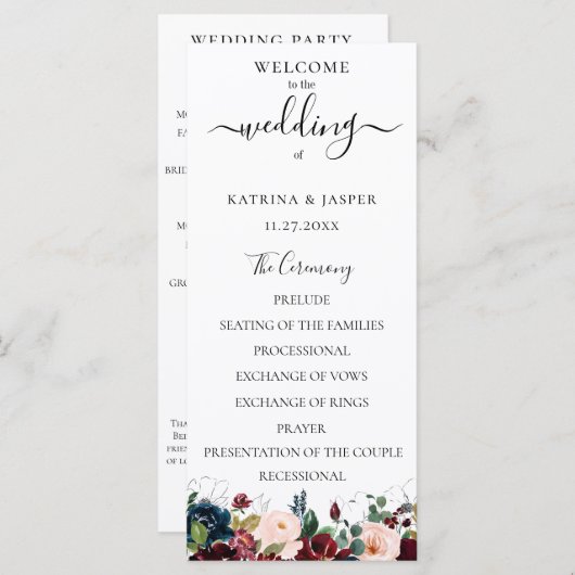 Bourgogne Blush Navy Waterverf Bloemen Bruiloft Programmakaart (Voorkant / Achterkant)