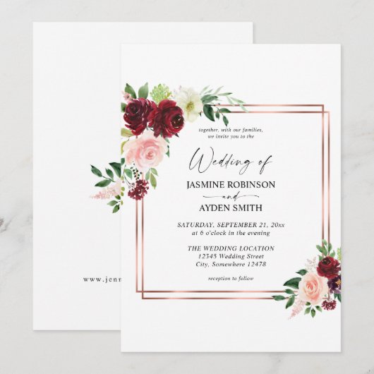 Bourgogne & Blush Pink 4 Floral & Gold Lijst Wedde Kaart (Voorkant / Achterkant)