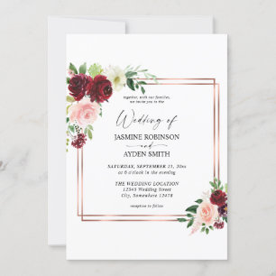 Bourgogne & Blush Pink 4 Floral & Gold Lijst Wedde Kaart