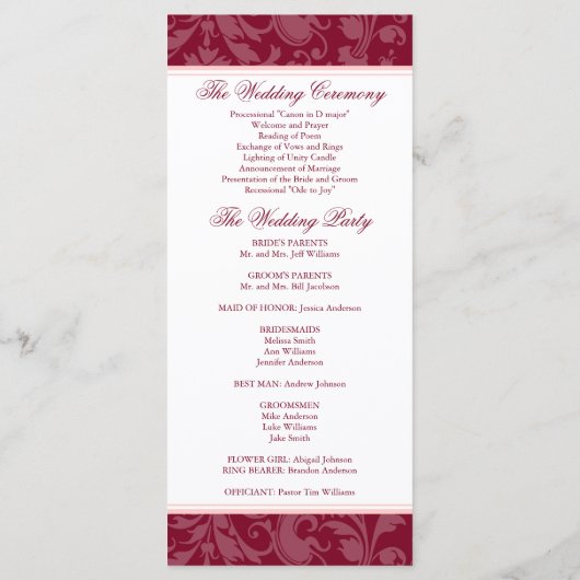Bourgogne Blush Pink Damask Swirl Wedding Program Programmakaart (Achterkant)