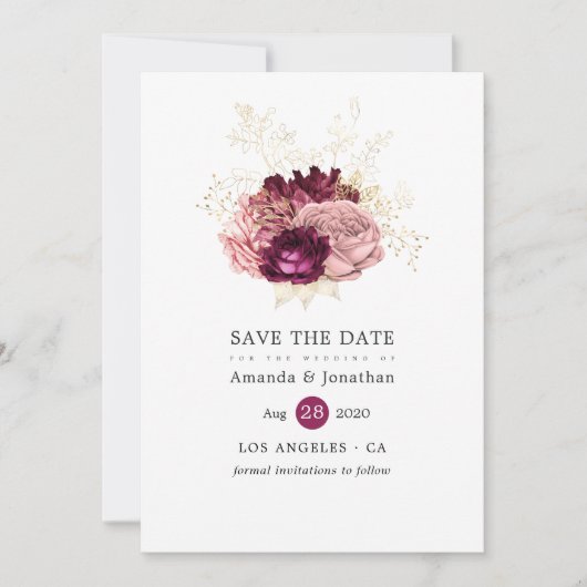 Bourgogne, Blush Pink en Gold Floral Wedding Save The Date (Voorkant)