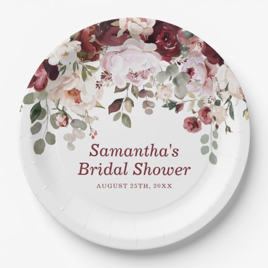 Bourgogne Blush Pink Flowers Vrijgezellenfeest Papieren Bordje (Voorkant)