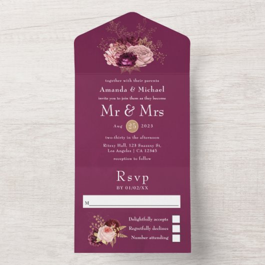 Bourgogne, Blush Pink & Gold All In One Uitnodiging (Binnen)