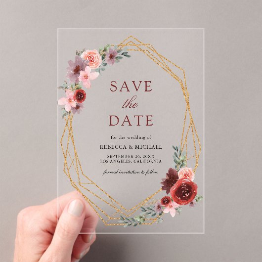 Bourgogne Blush Pink Roses Wedding Save the Date Acryl Uitnodigingen (Insitu (Draagbaar))