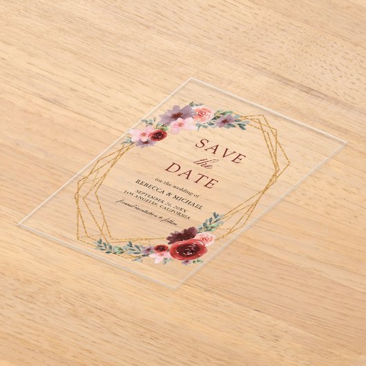 Bourgogne Blush Pink Roses Wedding Save the Date Acryl Uitnodigingen (Laagn)