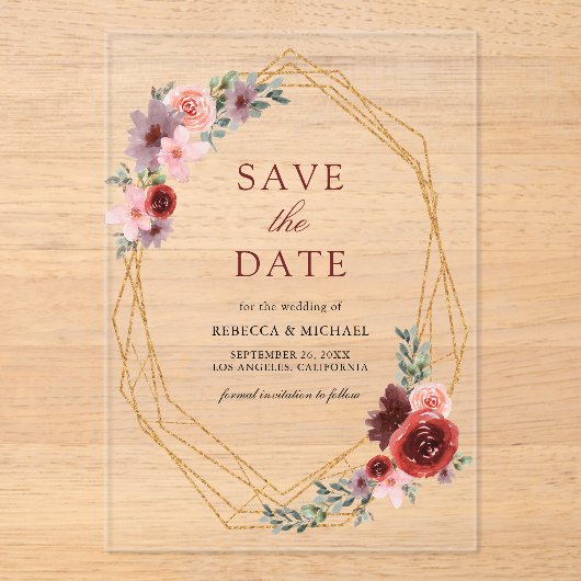 Bourgogne Blush Pink Roses Wedding Save the Date Acryl Uitnodigingen