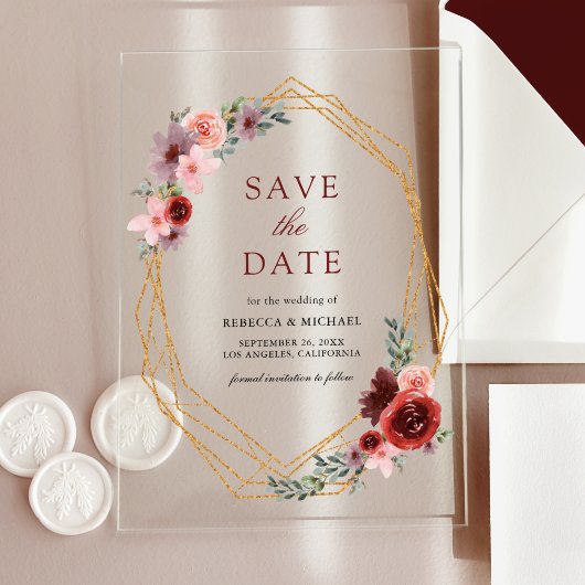 Bourgogne Blush Pink Roses Wedding Save the Date Acryl Uitnodigingen