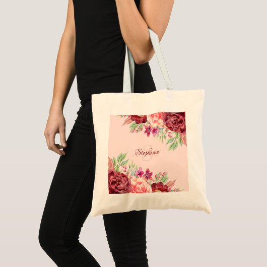 Bourgogne Blush PInk Waterverf Floral Monogram Tote Bag (Voorkant (product))