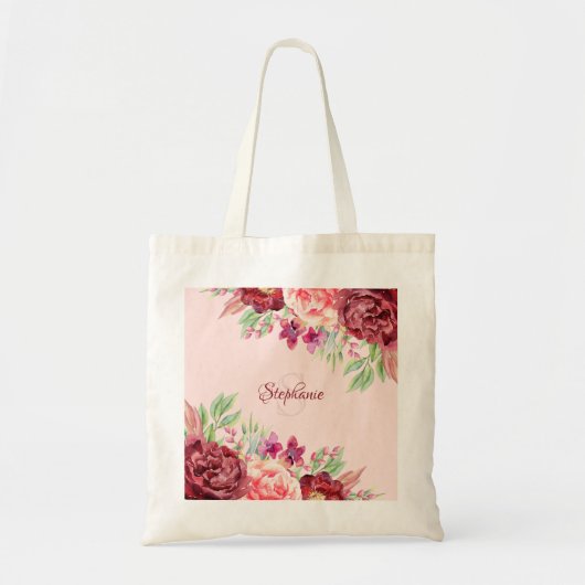 Bourgogne Blush PInk Waterverf Floral Monogram Tote Bag (Voorkant)