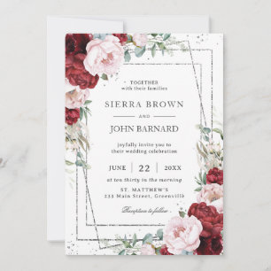 Bourgogne Blush Pioenen Bloemen Zilver Geometrisch Kaart