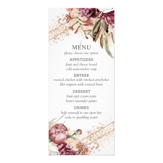 Bourgogne, Blush & Roos Gold Elegant Boho Menu (Voorkant)