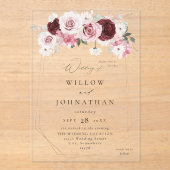 Bourgogne & Blush roze 6 Ele Floral Wedding Acryl Uitnodigingen (Voorkant)