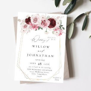 Bourgogne & Blush roze 6 Ele Floral Wedding Kaart