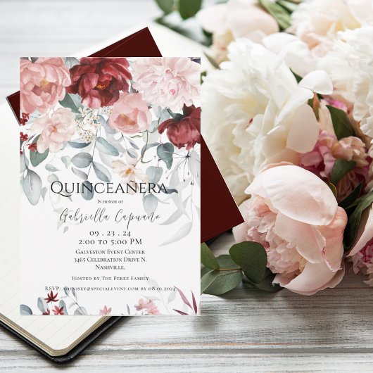 Bourgogne Blush Roze Bloem Quinceañera Kaart