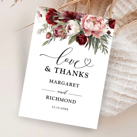 Bourgogne Blush Roze Bloemen Huwelijk Dank u Kaart