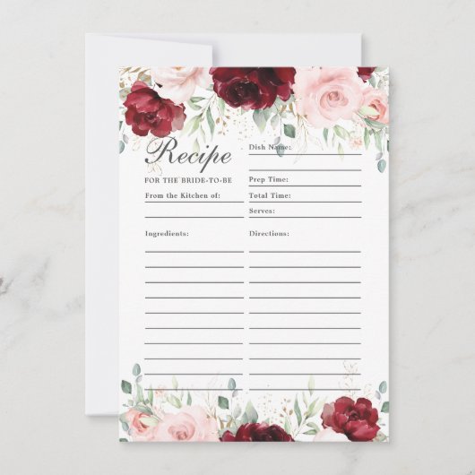 Bourgogne Blush Roze Bloemen Recept voor Bruid Kaa Bedankkaart (Voorkant)