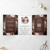 Bourgogne Blush Roze Bloemen Rustiek Hout Wedding Drieluik Uitnodiging (Binnen)