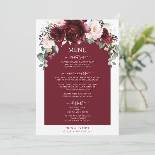 Bourgogne Blush Roze Bloemen Trouwdiner Bar Menu (Staand voorkant)