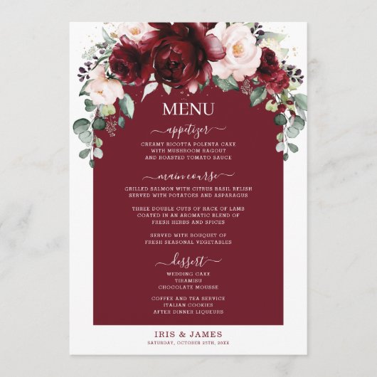 Bourgogne Blush Roze Bloemen Trouwdiner Bar Menu (Voorkant)
