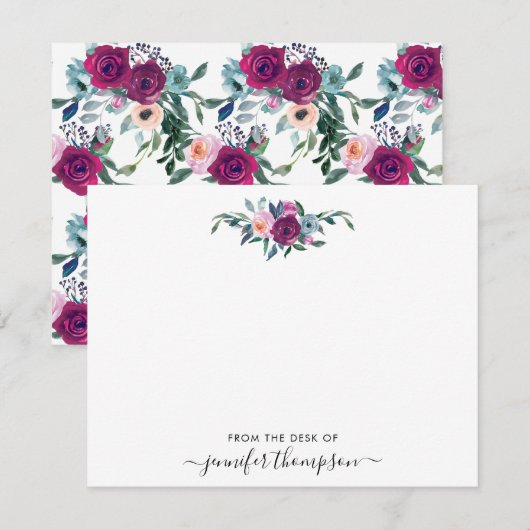 Bourgogne Blush Roze Bloemen Waterverf Girly Scrip Notitiekaartje (Voorkant / Achterkant)