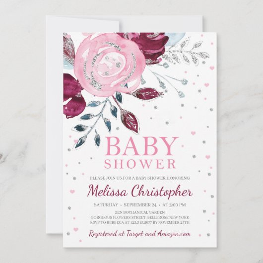 Bourgogne blush roze bloemenzilver glitter baby kaart (Voorkant)