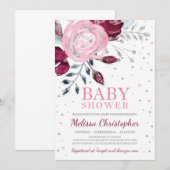 Bourgogne blush roze bloemenzilver glitter baby kaart (Voorkant / Achterkant)