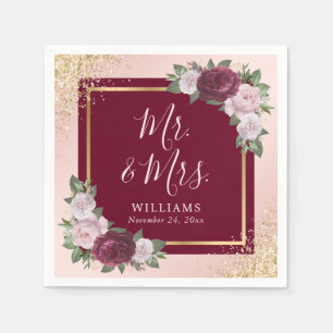 Bourgogne Blush Roze Goud Bloemen Mr & Mrs Wedding Servet
