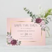 Bourgogne Blush Roze Gouden Bloemen Save The Date (Staand voorkant)