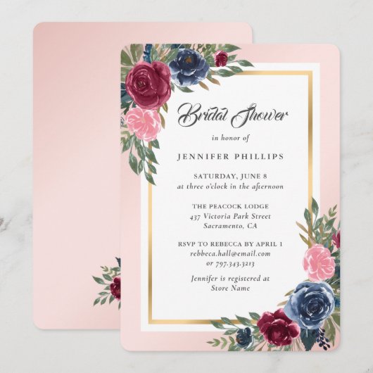 Bourgogne Blush Roze Navy Blue Floral Vrijgezellen Kaart (Voorkant / Achterkant)