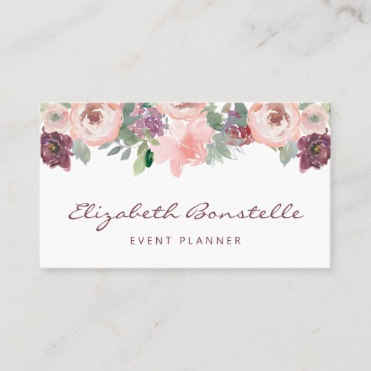 Bourgogne Blush Roze Waterverf Bloemen QR Code Visitekaartje (Voorkant)