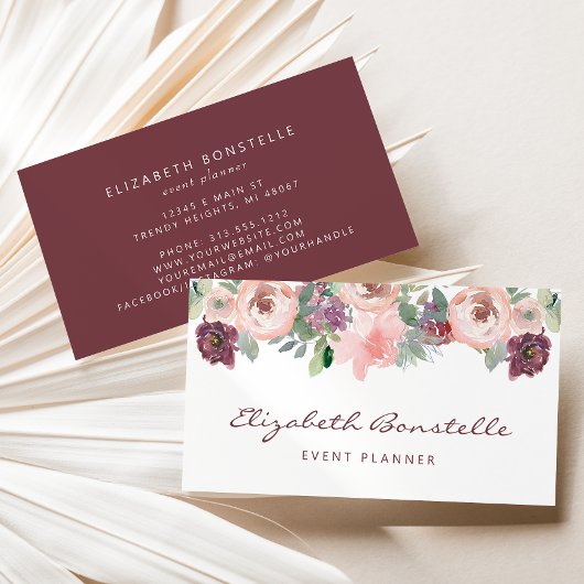 Bourgogne Blush Roze Waterverf Bloemen Visitekaartje