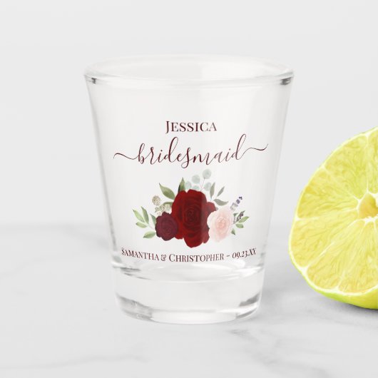 Bourgogne Blush Rozen Elegant Bruidsmeisje bruilof Shot Glas (Voorkant)
