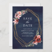 Bourgogne Blush Rozen Marine Blauw Huwelijk Save The Date (Voorkant)