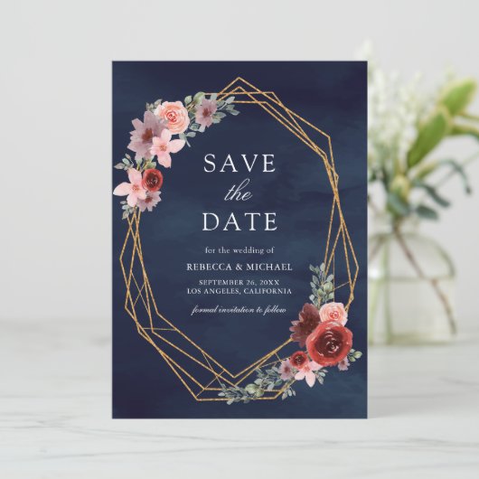 Bourgogne Blush Rozen Marine Blauw Huwelijk Save The Date (Staand voorkant)