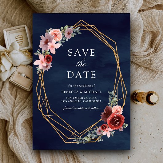 Bourgogne Blush Rozen Marine Blauw Huwelijk Save The Date
