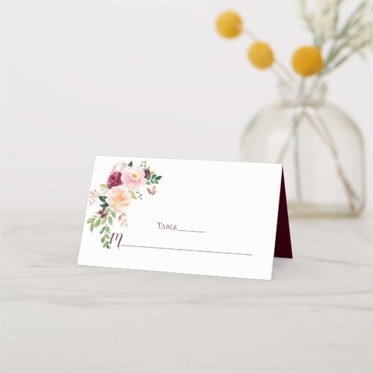 Bourgogne Blush Saffraan Bloemboeket Place Cards Plaatskaartje (Voorkant)