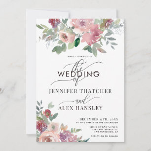 Bourgogne Blush Script Floral QR Code Wedding Kaart