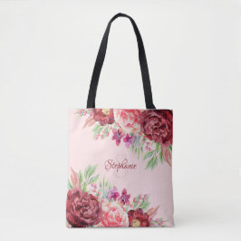 Bourgogne Blush Waterverf Floral Monogram Tote Bag