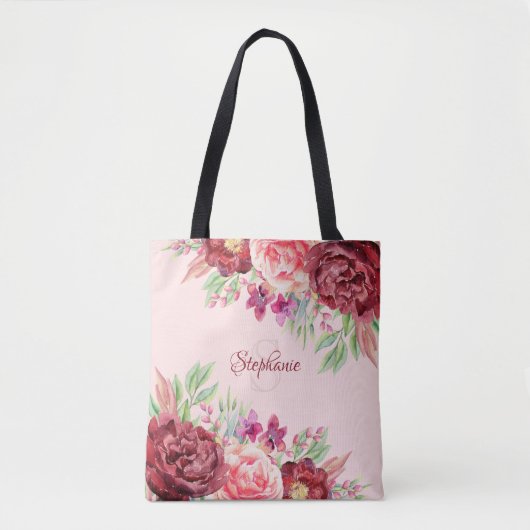 Bourgogne Blush Waterverf Floral Monogram Tote Bag (Voorkant)