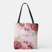 Bourgogne Blush Waterverf Floral Monogram Tote Bag (Achterkant)