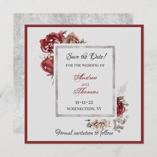 Bourgogne, Blush, witte rozen sparen de Datum Kaart (Voorkant / Achterkant)