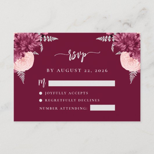 Bourgogne Blush Zilver Bloemen Script Huwelijk RSV Informatiekaartje (Voorkant)