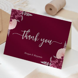 Bourgogne Blush Zilver Bloemen Script Trouwen Bedankkaart