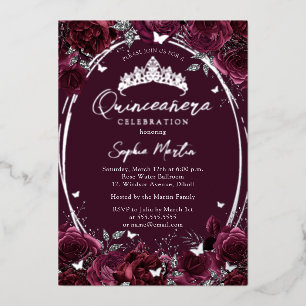 Bourgogne boeiende bloemige vlinder Quinceanera Folie Uitnodiging