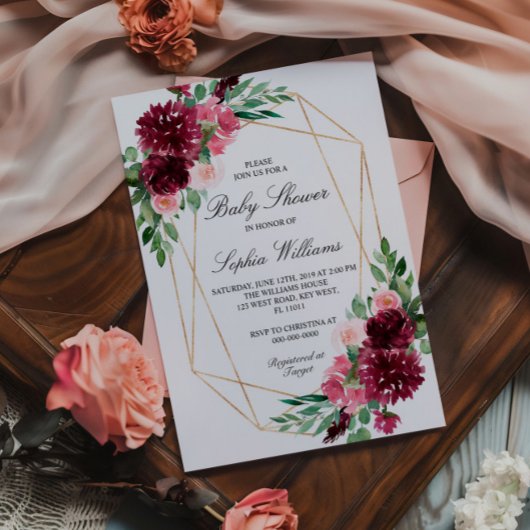 Bourgogne Bohemian Floral Baby shower Kaart