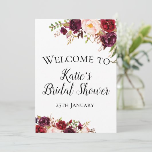 Bourgogne Boho Bloem Welkomstbord 5x7" Maat Kaart (Staand voorkant)