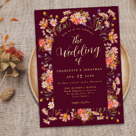 Bourgogne Boho Floral Arch Fall Bruiloftsgoud Folie Uitnodiging